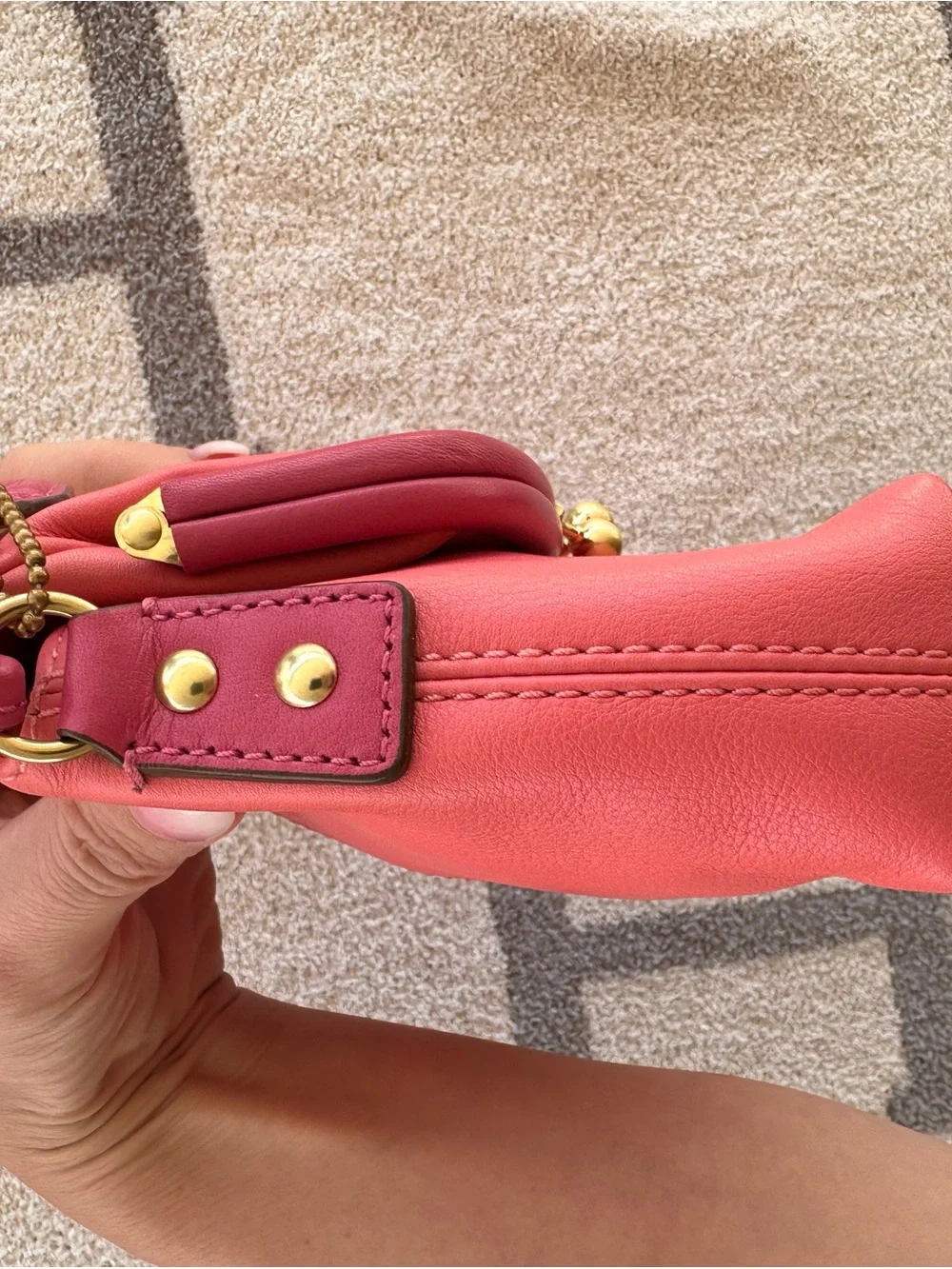 Coach Coral Pink Pebbled Leather Shoulder Bag with Gold Hardware